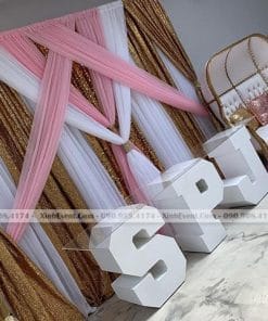 Backdrop trang trí sinh nhật vải voan và bàn chữ 3D XV107