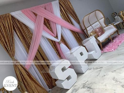 Backdrop trang trí sinh nhật vải voan và bàn chữ 3D XV107