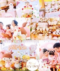 Bàn sinh nhật và backdrop 3D màu hồng cho các bé gái XV193