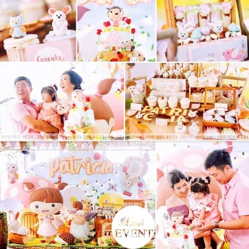 Bàn sinh nhật và backdrop 3D màu hồng cho các bé gái XV193