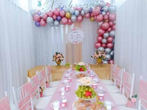 Backdrop tiệc cưới đón lễ vu quy bằng vải voan XV389
