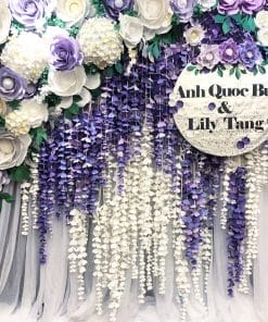 Backdrop tiệc cưới hoa giấy và vải voan XV448