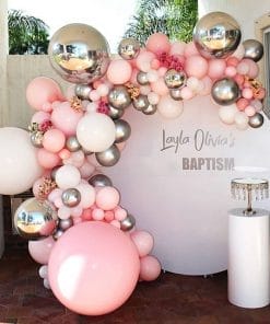 Backdrop sinh nhật bé gái màu hồng và bạc trang trí ngoài trời XV509