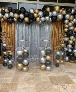 Backdrop sinh nhật vải voan vàng đồng và bạc XV609