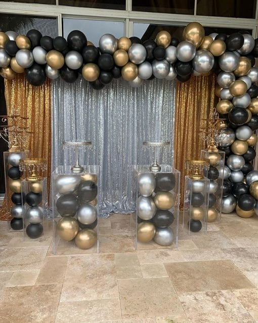 Backdrop sinh nhật vải voan vàng đồng và bạc XV609