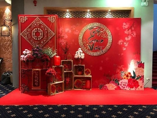 Backdrop tiệc tất niên truyền thống đầy không khí tết
