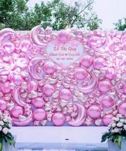 Backdrop trang trí tiệc cưới lung linh với tone màu hồng XV729