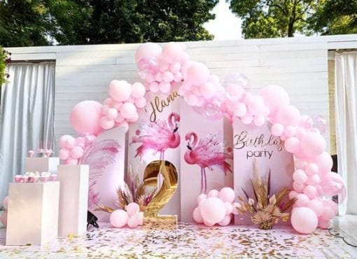 Backdrop trang trí sinh nhật màu hồng cho bé gái XV750